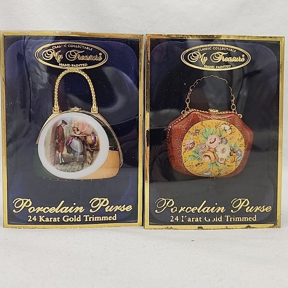Ornament Treasure Hand Painted Porcelain Purse Keepsake Box 24K Gold Trim 2 Set